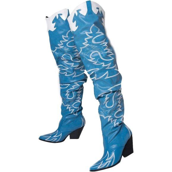 Women Denim Fabric Thigh High Over The Knee Pointed Toe Chunky Heels Boot - Picture 1 of 1